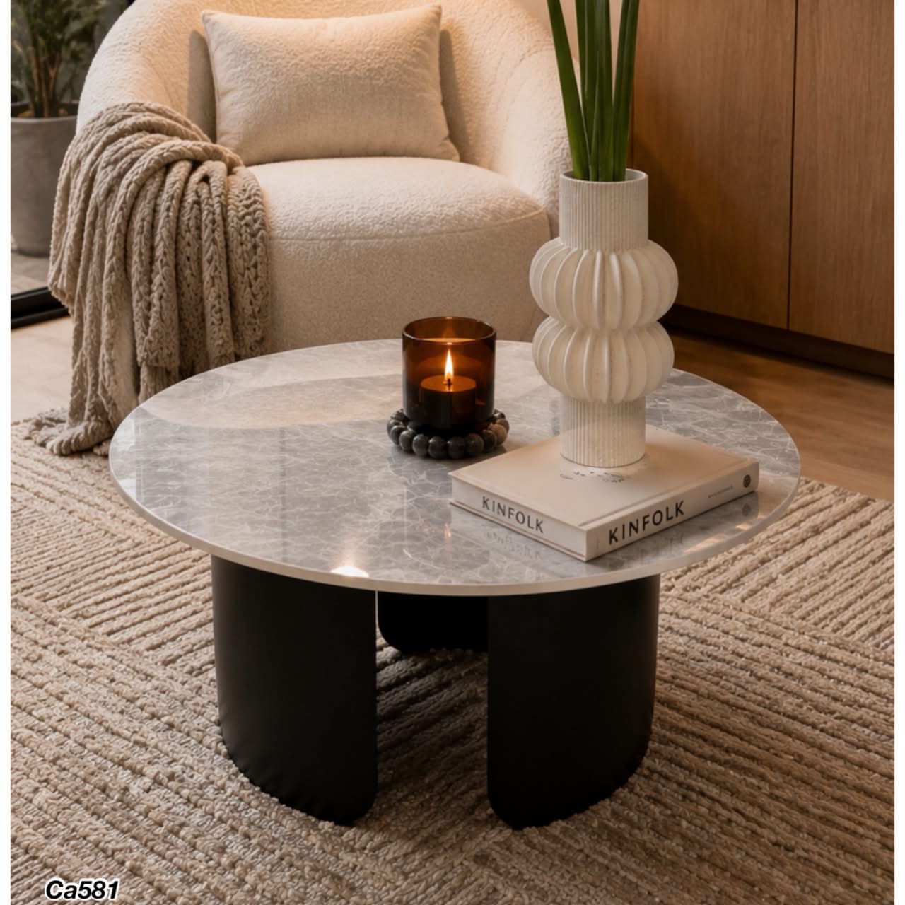 Mesa de centro piedra gris base metal negro 80cm* 40cm